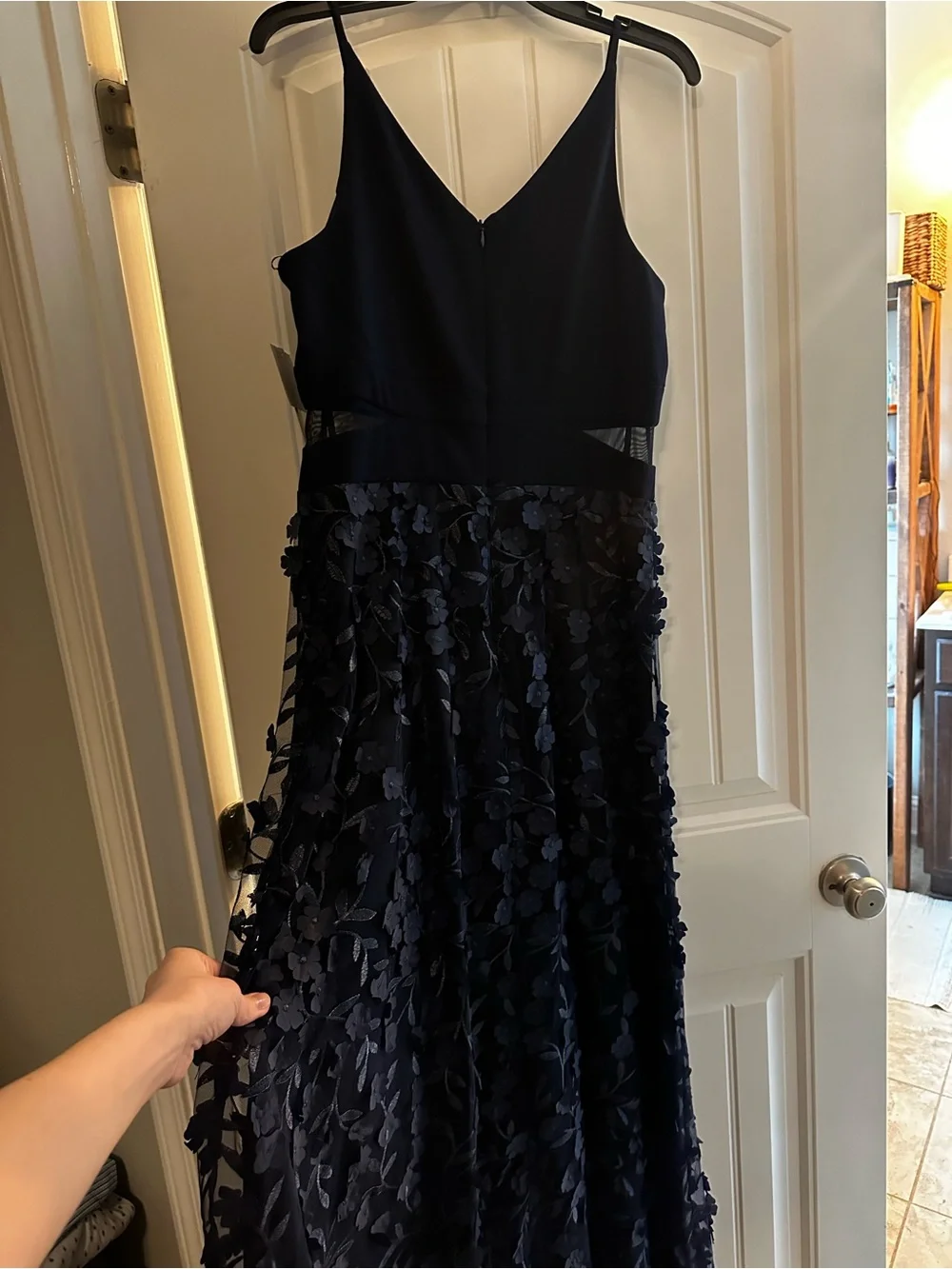 Xscape Navy Blue Floral Appliqué Evening Gown